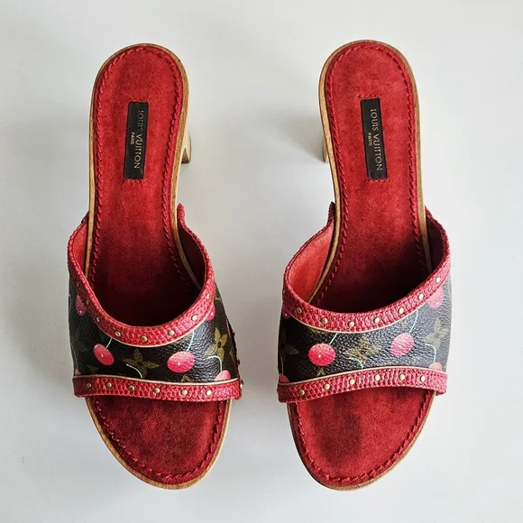 Louis Vuitton Red Cherry Takashi Murakami Monogram Wooden Clogs Mules EU 36.5